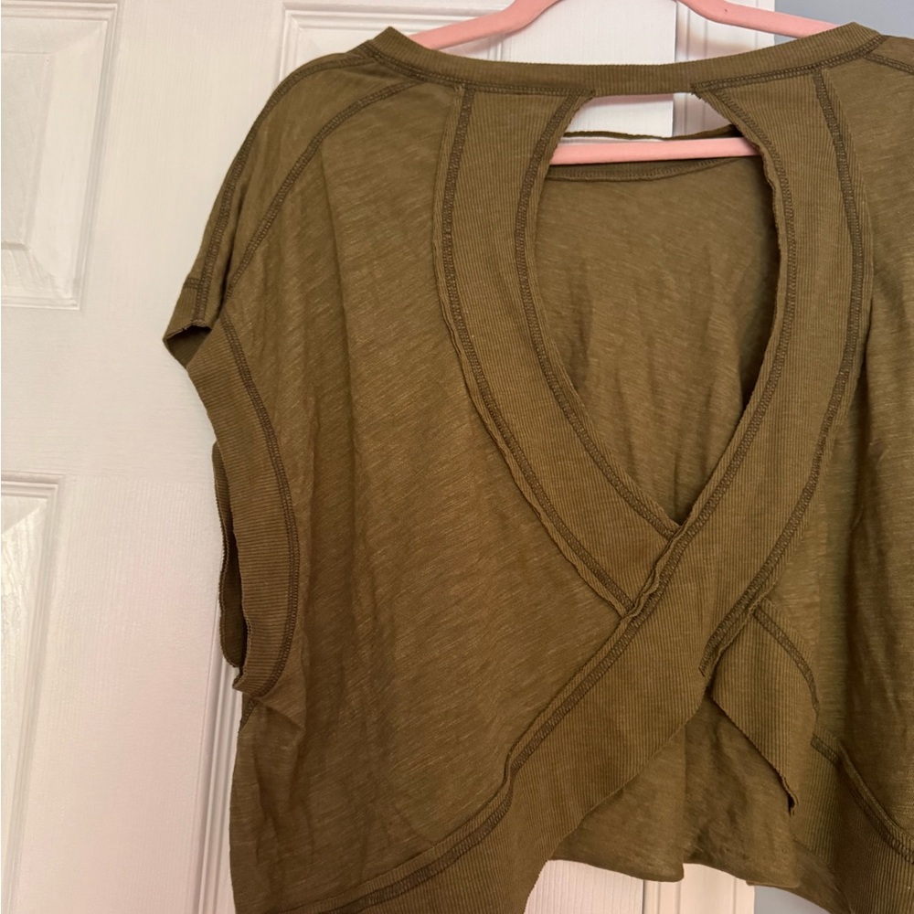 Free People My Time Short Sleeve Tee with Open Back in Olive Green - Picture 4 of 9